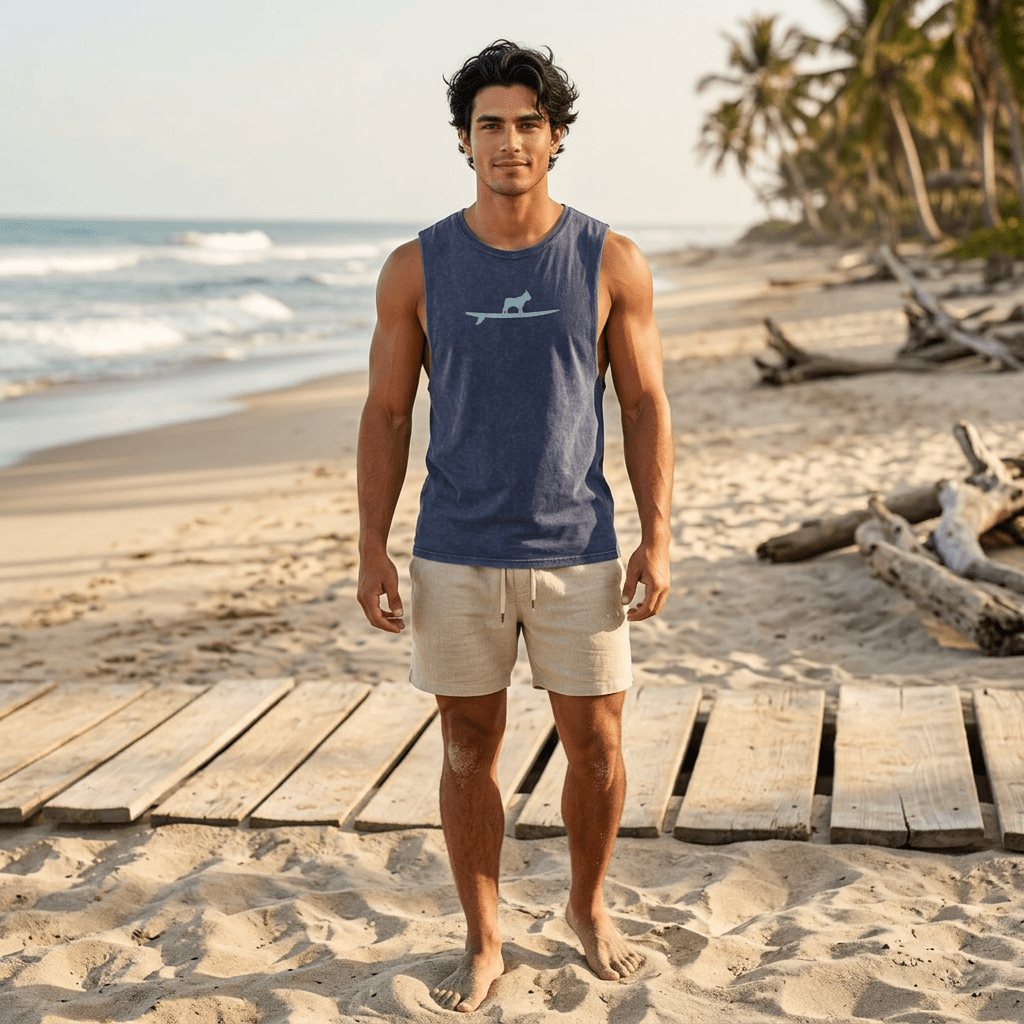 A man standing on a sandy beach wearing a heathered navy sleeveless surfer's tank top with a light gray frenchton bulldog on a surgboard graphic and beige shorts.