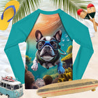 Long-sleeve Teal sun rashie shirt with a Boston Terrier diving graphic on a beach-themed background