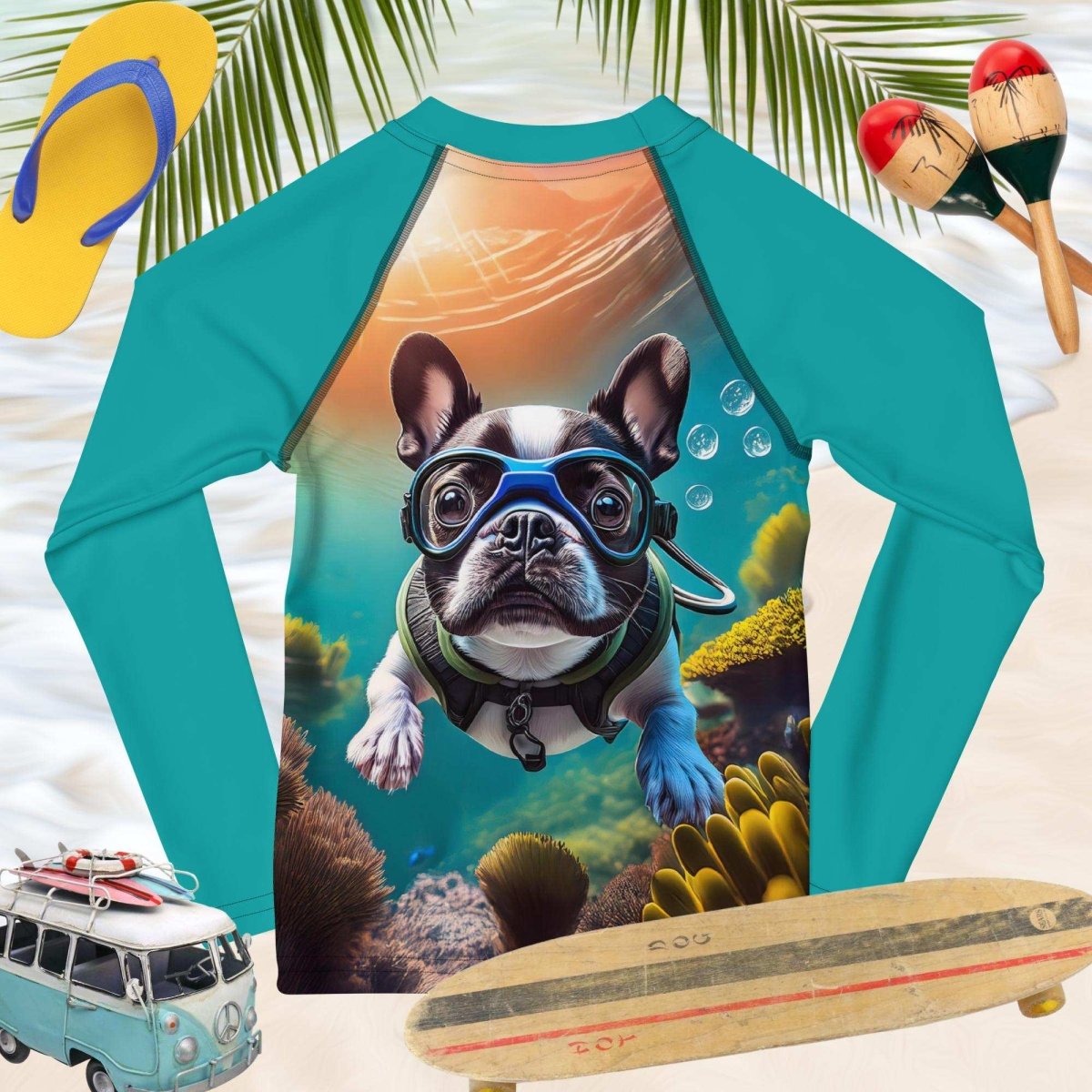 Long-sleeve Teal sun rashie shirt with a Boston Terrier diving graphic on a beach-themed background