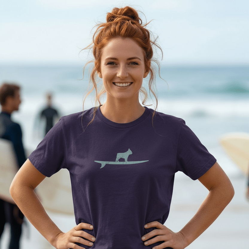 A woman with red hair in a bun stands on a beach wearing a dark purple t-shirt with a light green cat on a surfboard graphic, paired with blue jeans. Surfers are visible in the blurred background.