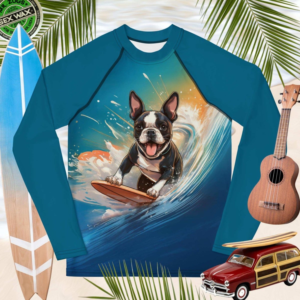Blue long-sleeve sun rashie with Surf Dog surfing design on a collage of surfboard, ukulele, and vintage model car.