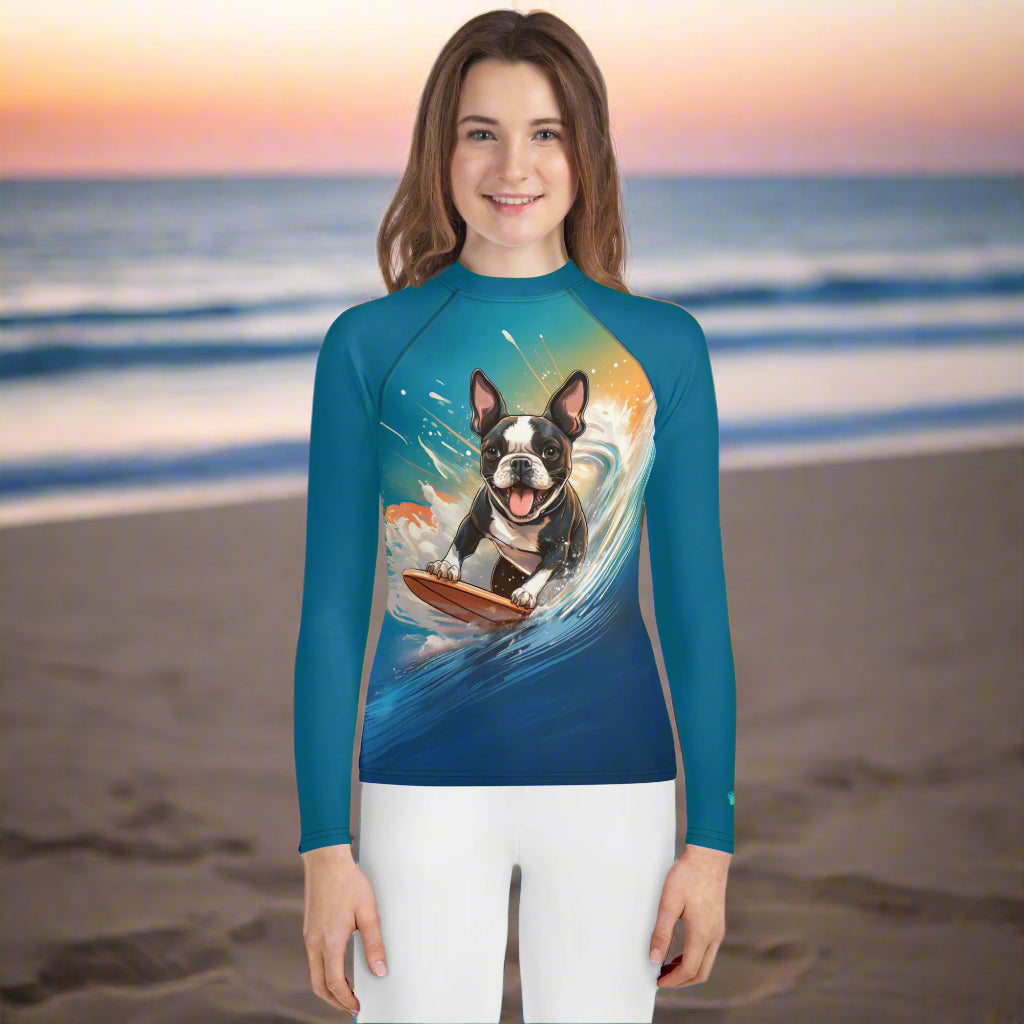Surf Dog | Teen/Youth Sun Rashie | Hanging Eight 🤙 Rash Guards & Swim Shirts worn by girl on Cocoa Beach