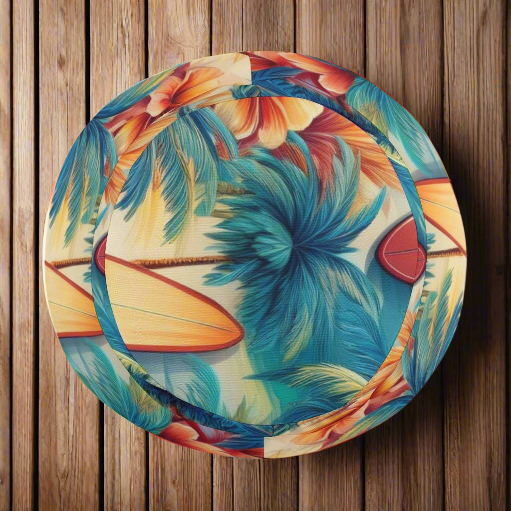 Kids Bucket Hat with tropical design featuring palm leaves and surfboards on a nautical wood background