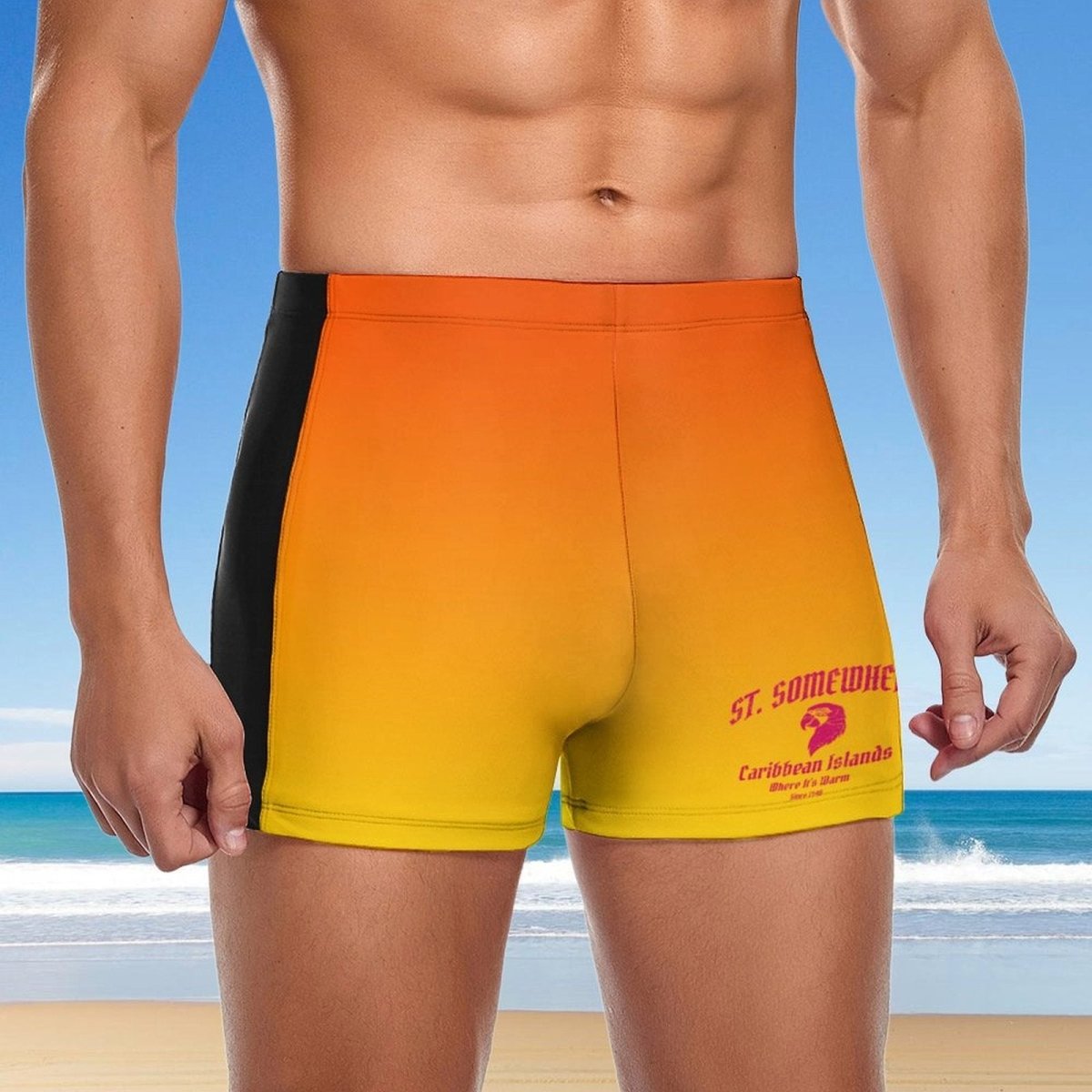 dude wearing a colorful swim short with a beach background