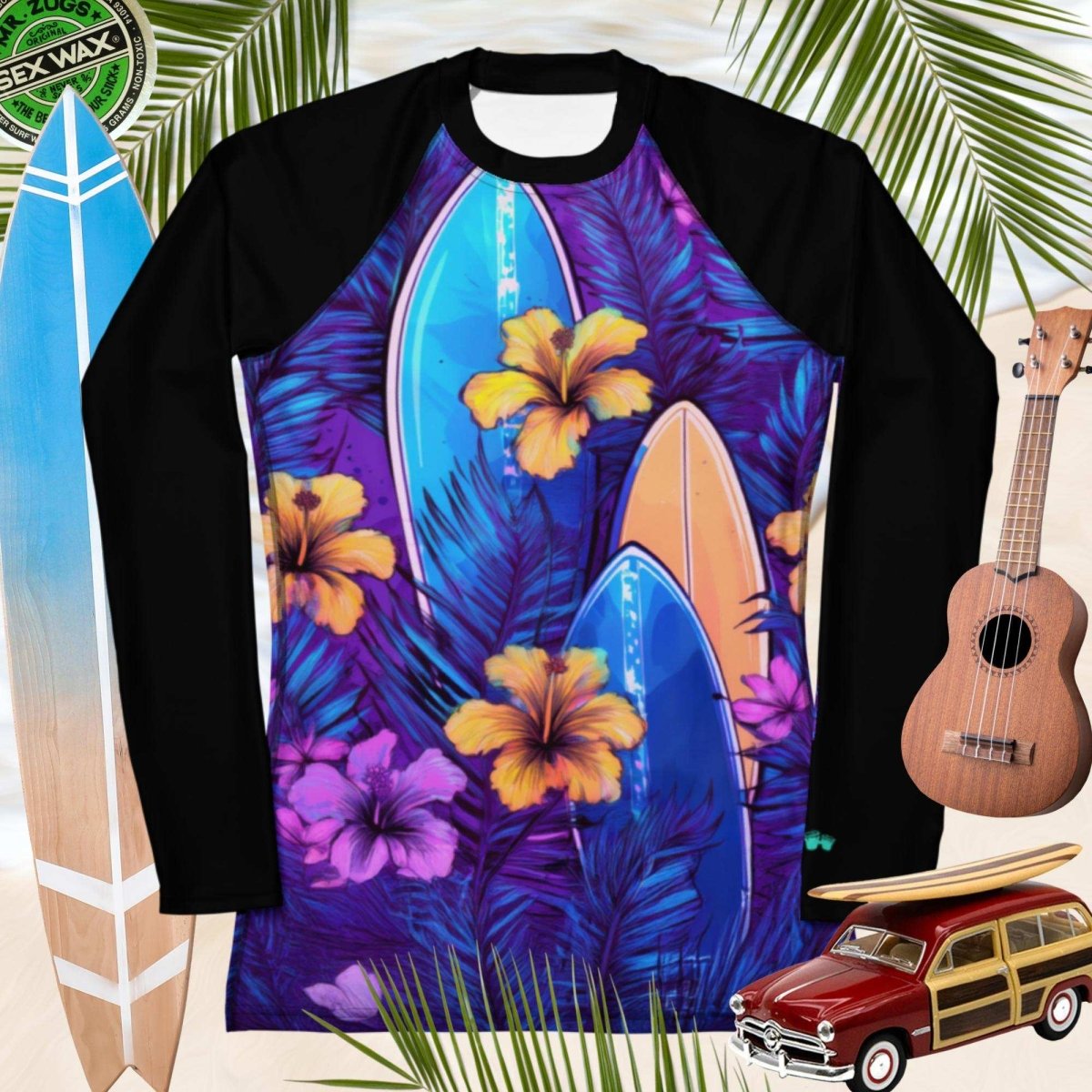 Black long-sleeve rash guard with tropical floral and surfboard design on a collage of surfboards, ukulele, and car.