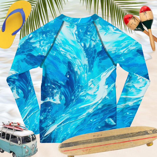 Surfer Kids Rag Dolled Rashie with vibrant blue waves design, ideal for UV protection and outdoor play.