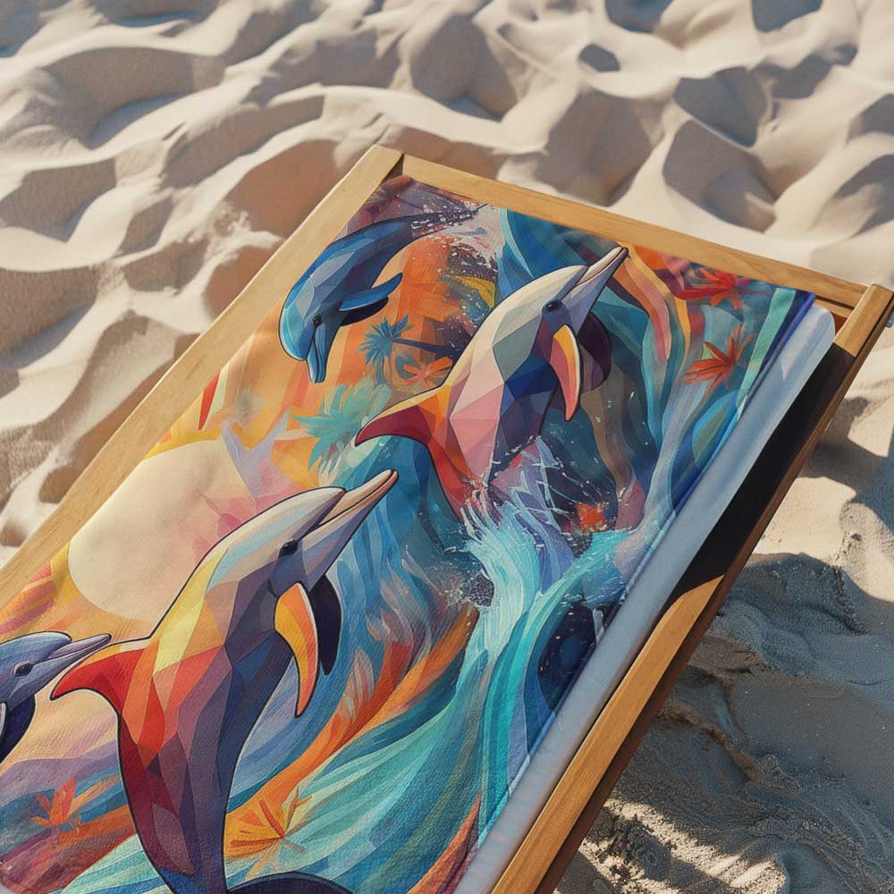 Surreal Dolphins Beach Towel laid out flat over a beach lounger in the sand