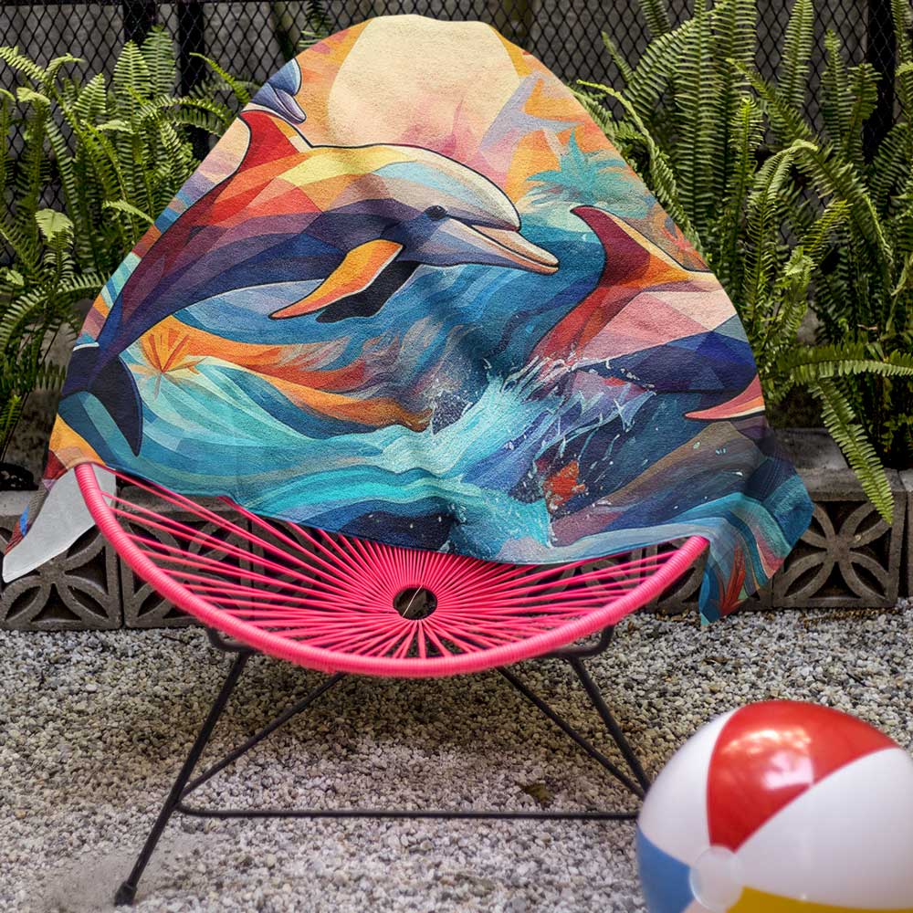 Cool Surreal Beach Towel on a pool chair next to a fern garden