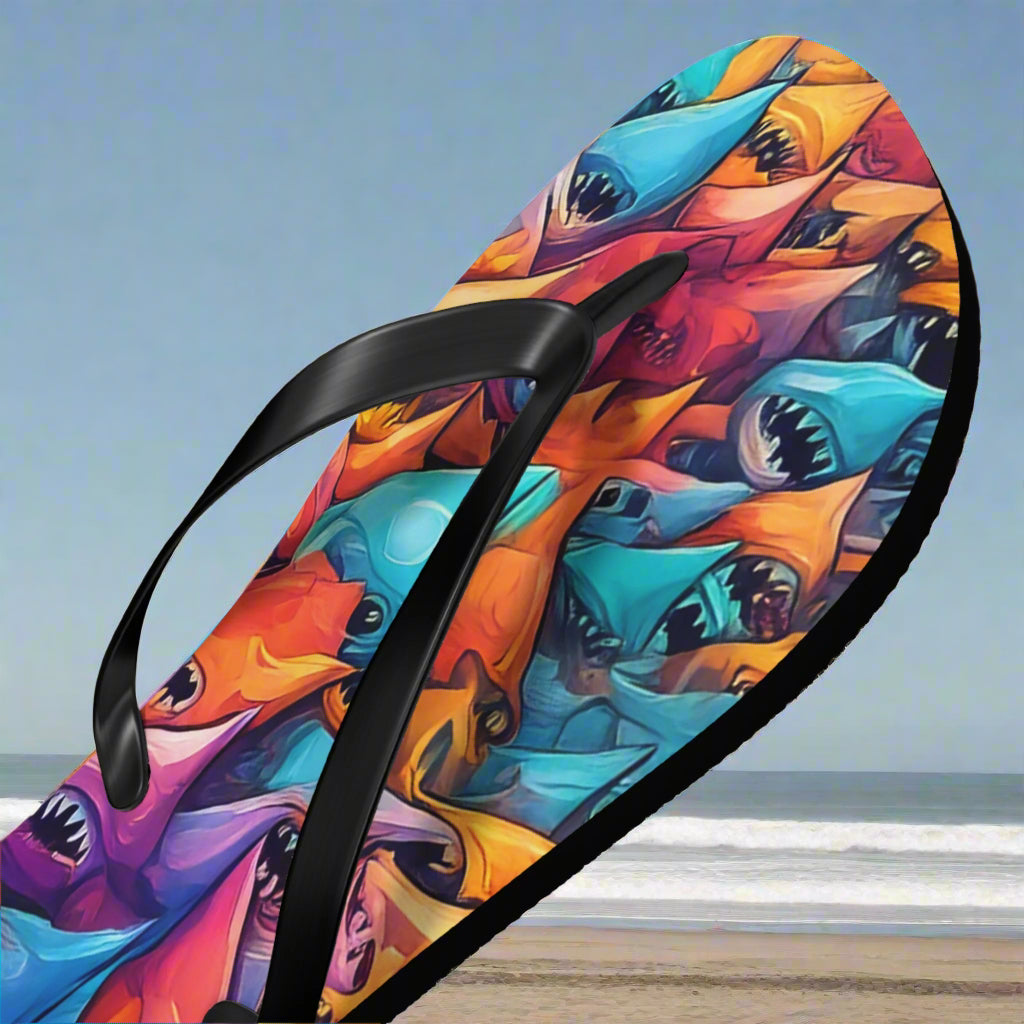 Colorful shark-patterned flip-flop with a black strap on a beach background