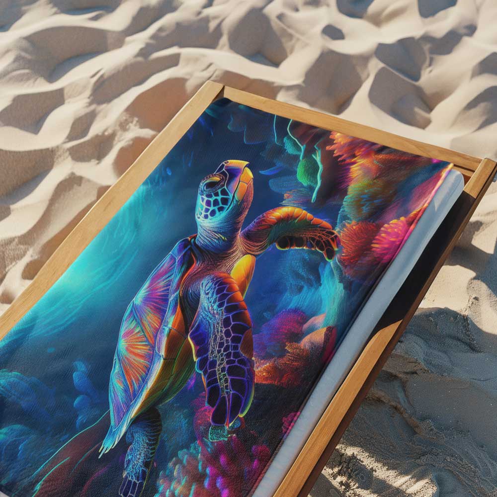 Beach Towel with sea turtle swimming through a coral reef laid out flat over a beach lounger. 
