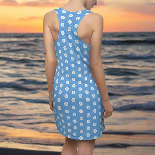Racer-Back Tank-Top for Women with cool sand-dollar polka dot pattern on a swimsuit model looking for seashells on fashion island 