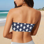 Woman wearing a navy blue bandeau top with white starfish pattern on Daytona Beach