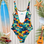 Surreal Island Pattern - Hawaiian Dreams on a One-Piece Low Cut Swimsuit