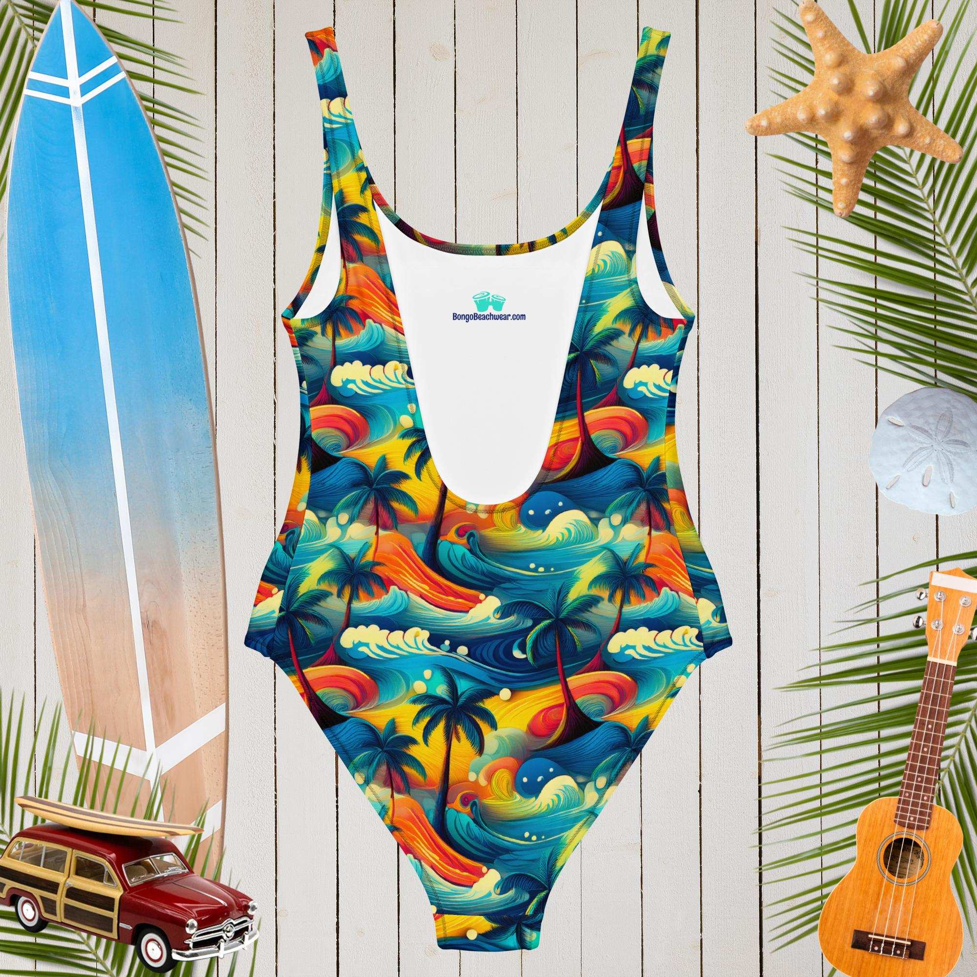 Surreal Island Pattern - Hawaiian Dreams on a One-Piece Low Cut Swimsuit