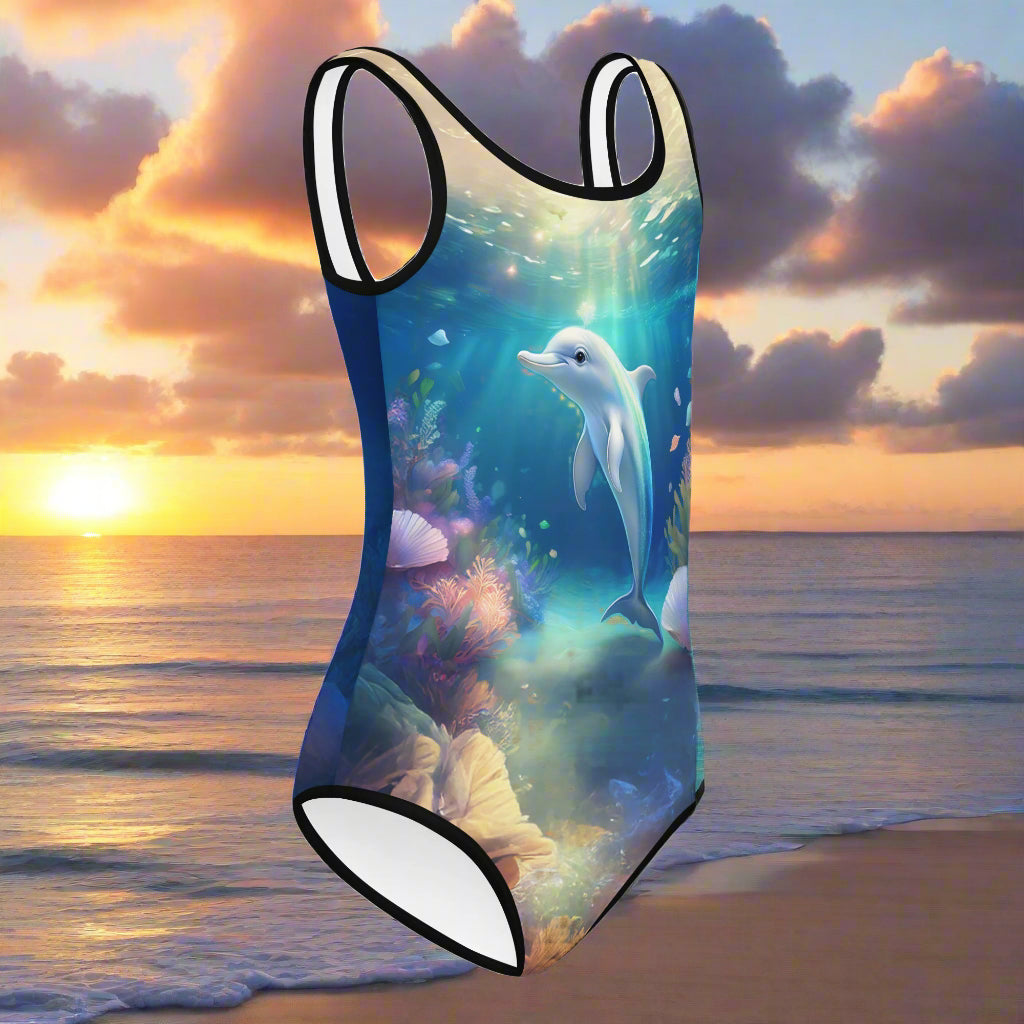 Girl's Dolphin One Piece Swimsuit hovering over a beach at sunset