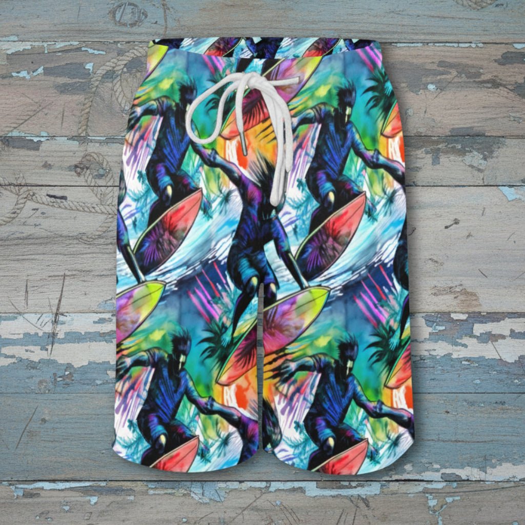 Colorful tropical-themed shorts with a white drawstring on a white background