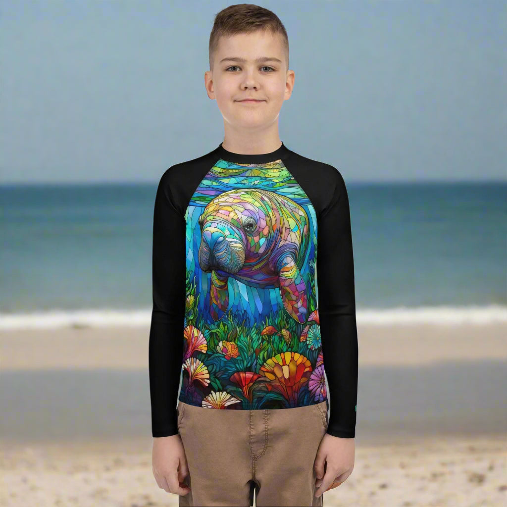 Manatee Stained Glass Art | Rash Guard | Teen/Youth Rash Guards & Swim Shirts