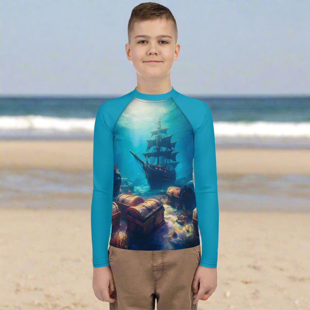 Teenage dude wearing sunken treasure ship Rash Guard on Florida's Treasure Coast