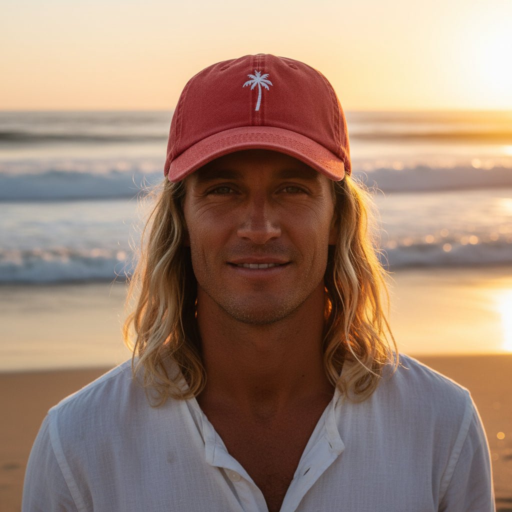 A washed red baseball cap featuring a small white embroidered palm tree on the front, worn by a California Surfer Dude on La Jolla Beach