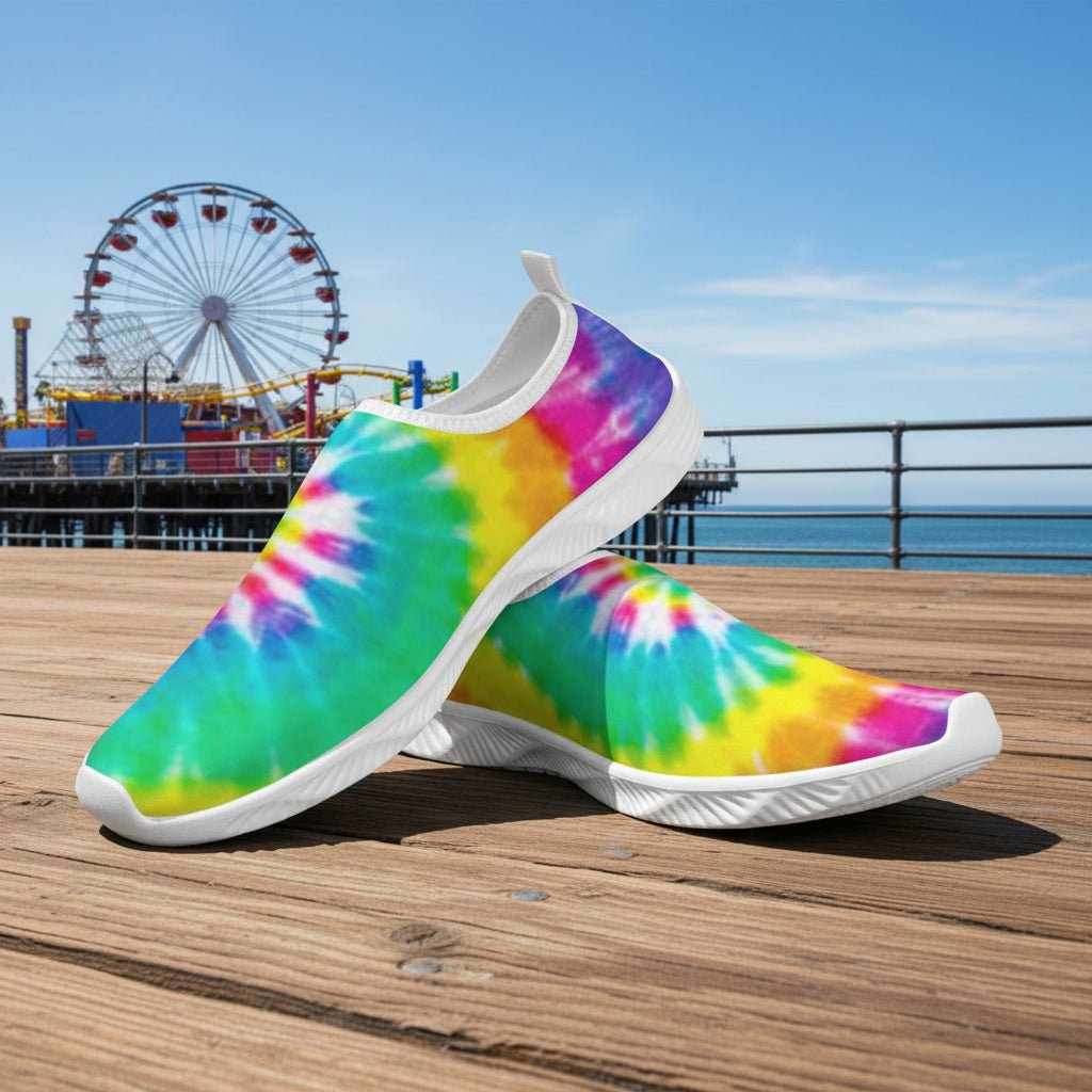 A pair of slip-on water shoes with a vibrant rainbow tie-dye pattern on the uppers and white soles sitting a beachside boardwalk with an amusement park pier in the background