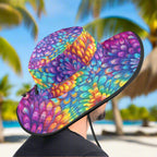 Colorful sun hat with a unique pattern on a worn by dude in a Key West Tiki Bar