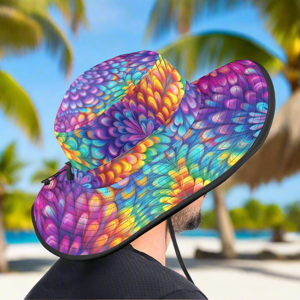 Colorful sun hat with a unique pattern on a worn by dude in a Key West Tiki Bar