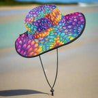Colorful tie-dye sun hat with a chin strap on a beach background