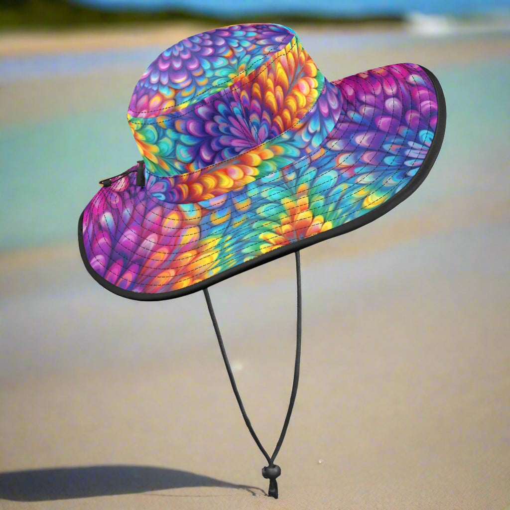 Colorful tie-dye sun hat with a chin strap on a beach background