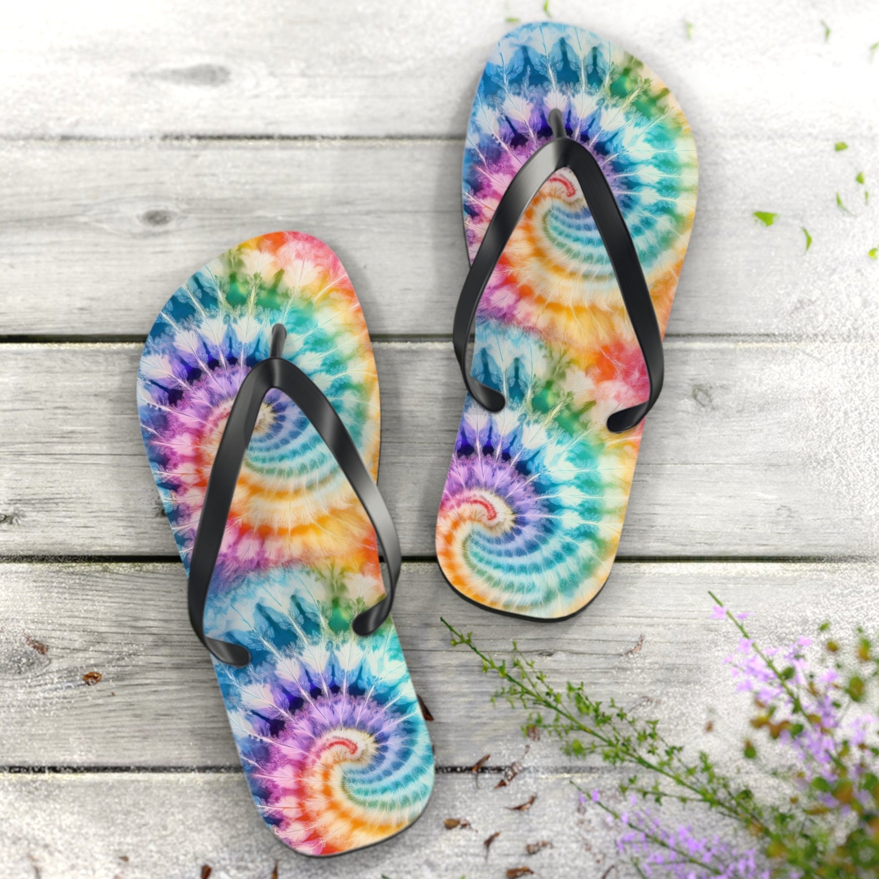 Pair of tie-dye flip-flops on a wooden surface with flowers.