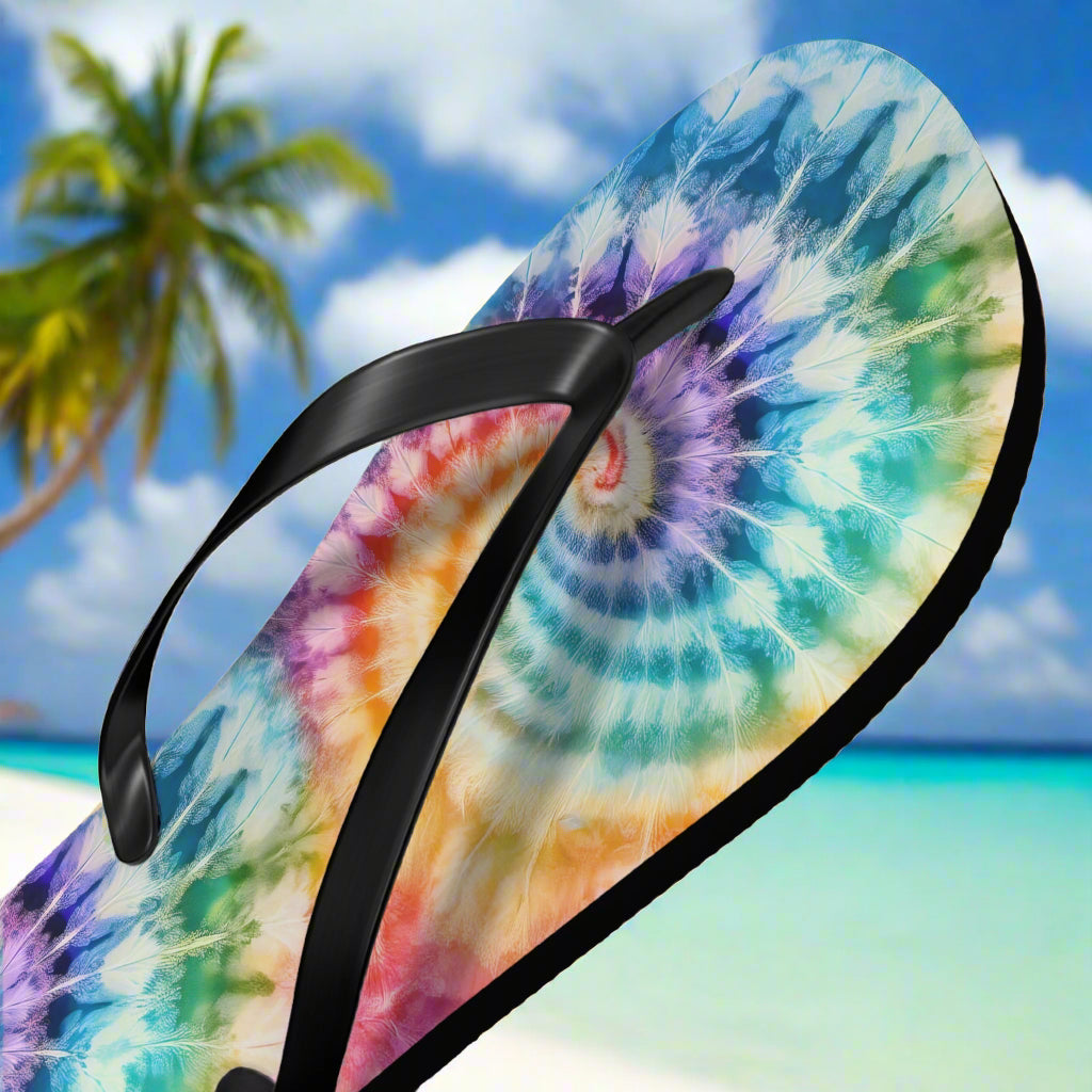 Tie-dye sandal with a black strap on a white sandy beach background