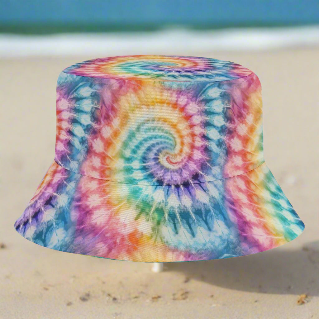 Colorful tie-dye bucket hat on a beach in Naples Florida