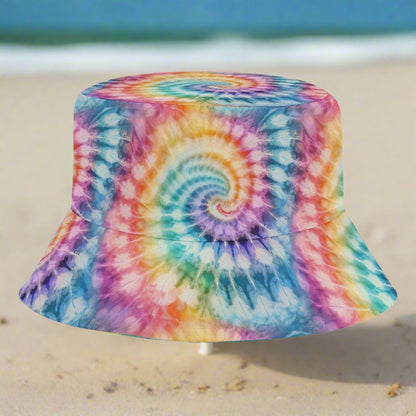 Colorful tie-dye bucket hat on a beach in Naples Florida