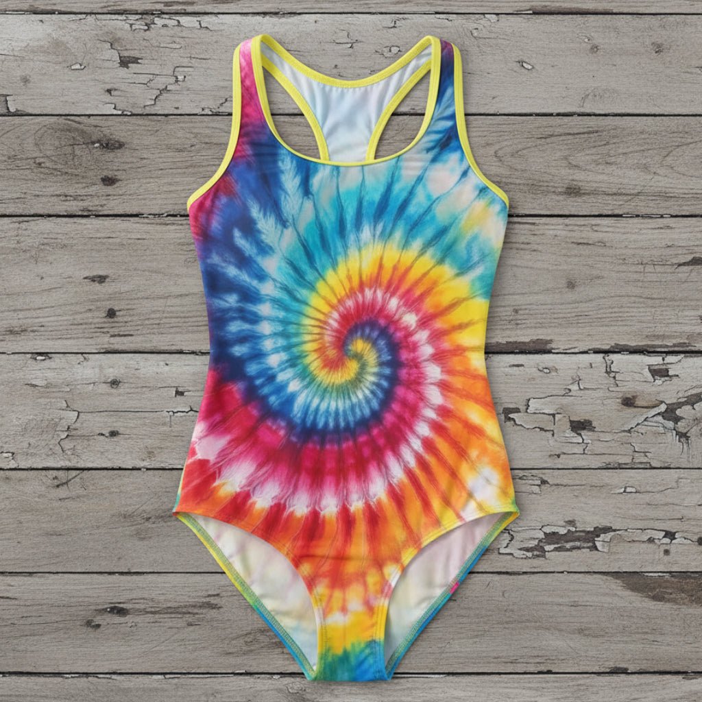 Colorful tie-dye print swimsuit on a white rustic wood background