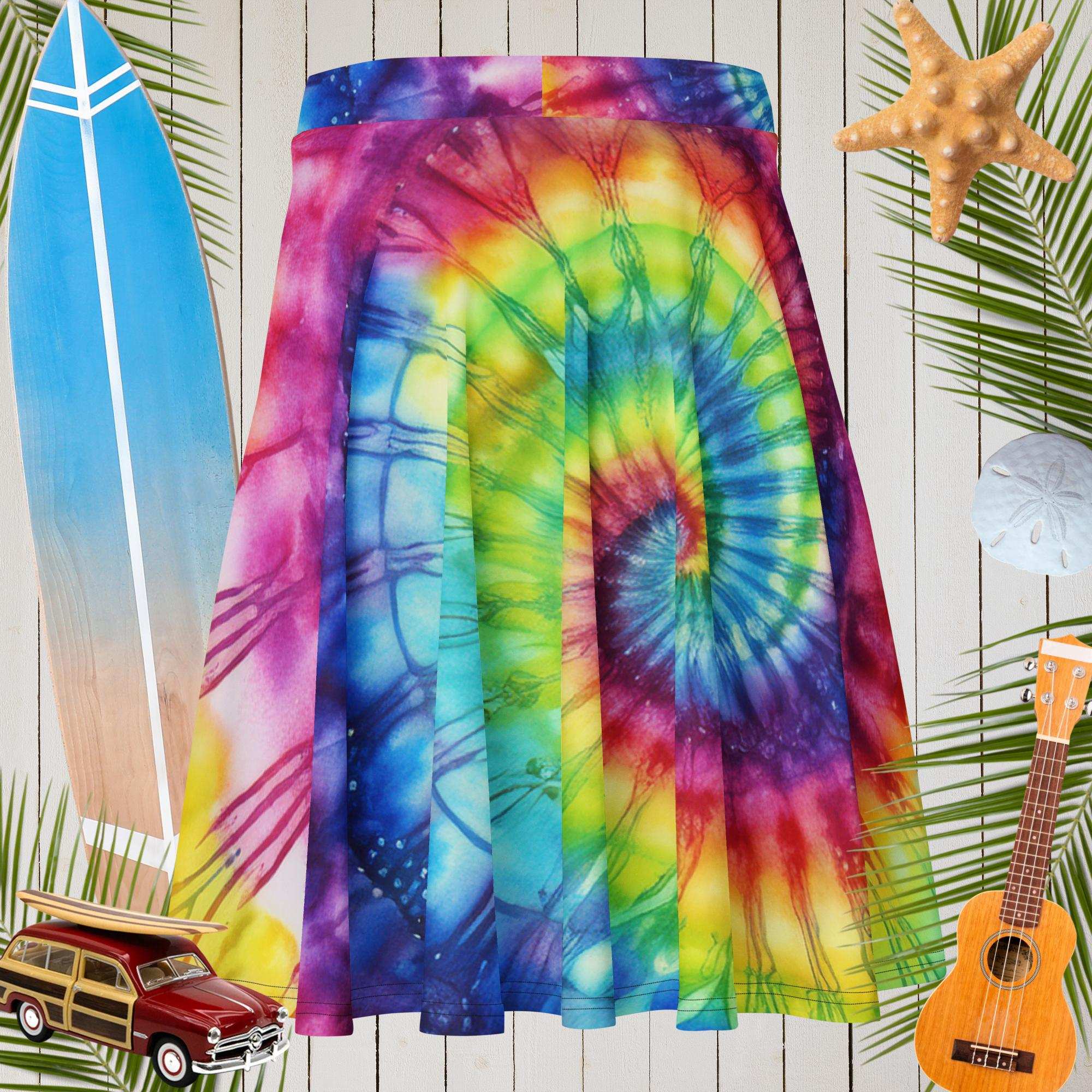 backside of tie-dye skirt with a rustic nautical background including surfboards sand dollars a starfish and a Ukulele.
