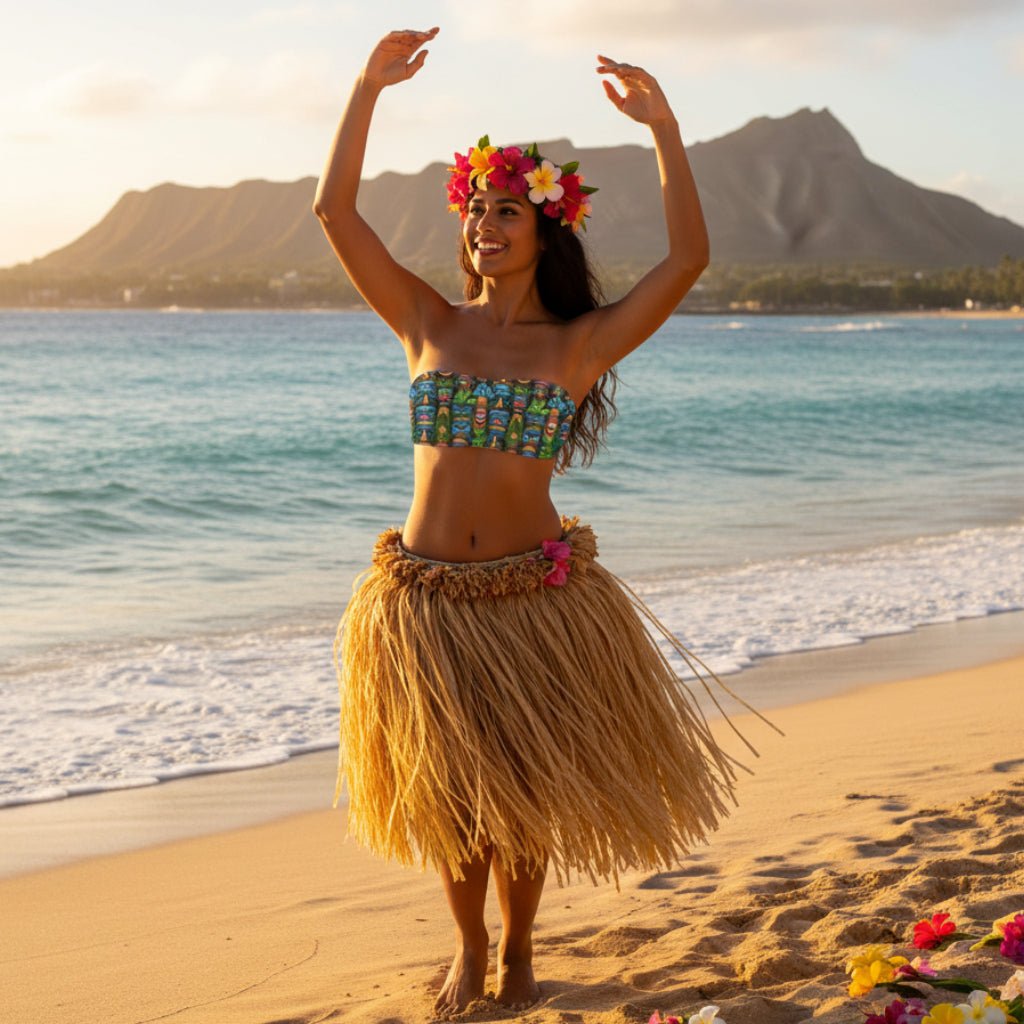 Woman wearing a strapless bikini top with colorful tiki mask design on a white background