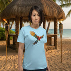 Woman wearing a light blue ParrotHead t-shirt with a colorful parrot design near a beachside tiki bar