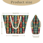 Tote bag with colorful tribal designs and measurements on a white background