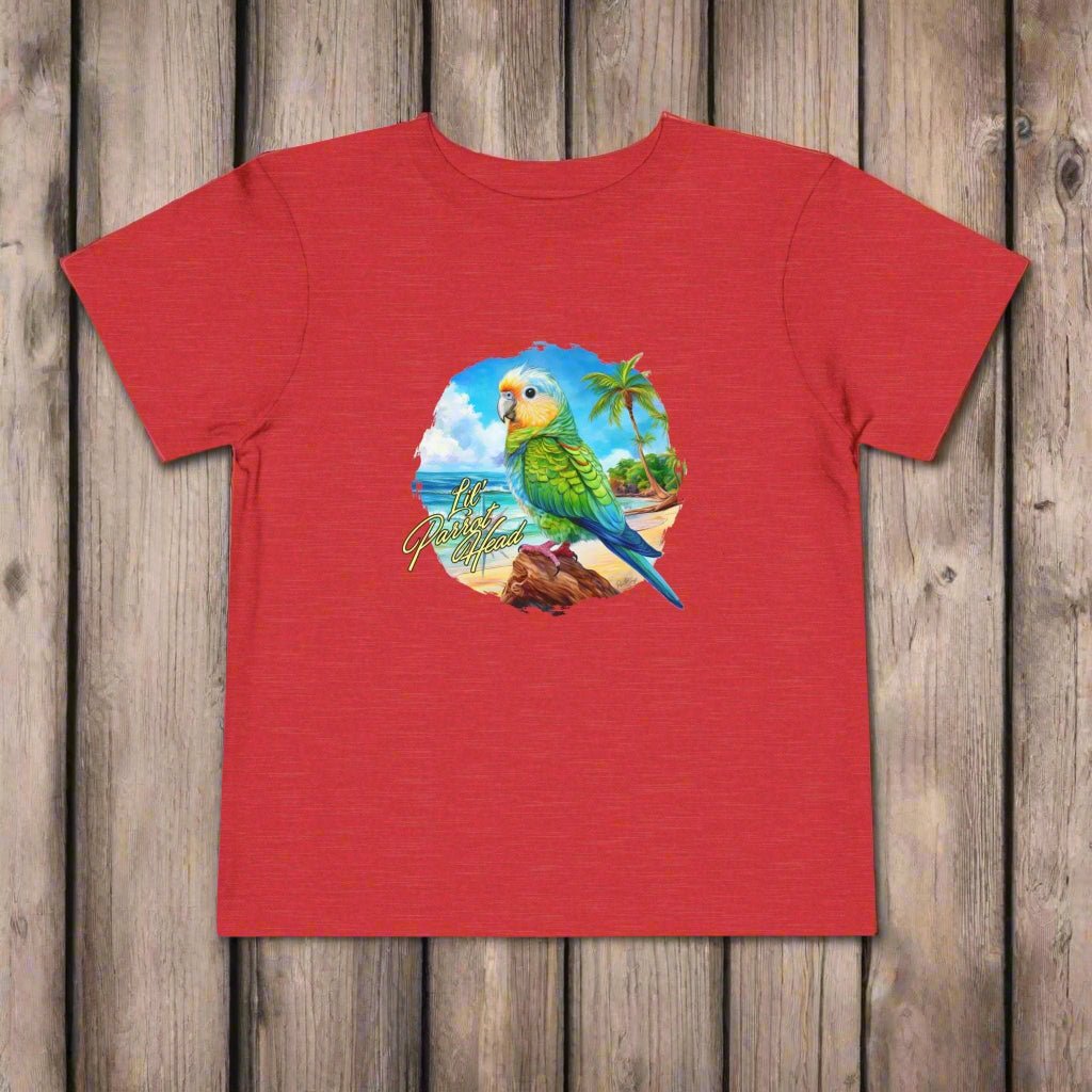 T-Shirts Toddler Parakeet Tee | For Lil' ParrotHeads lying on a rustic teak wood deck of a vintage sailboat