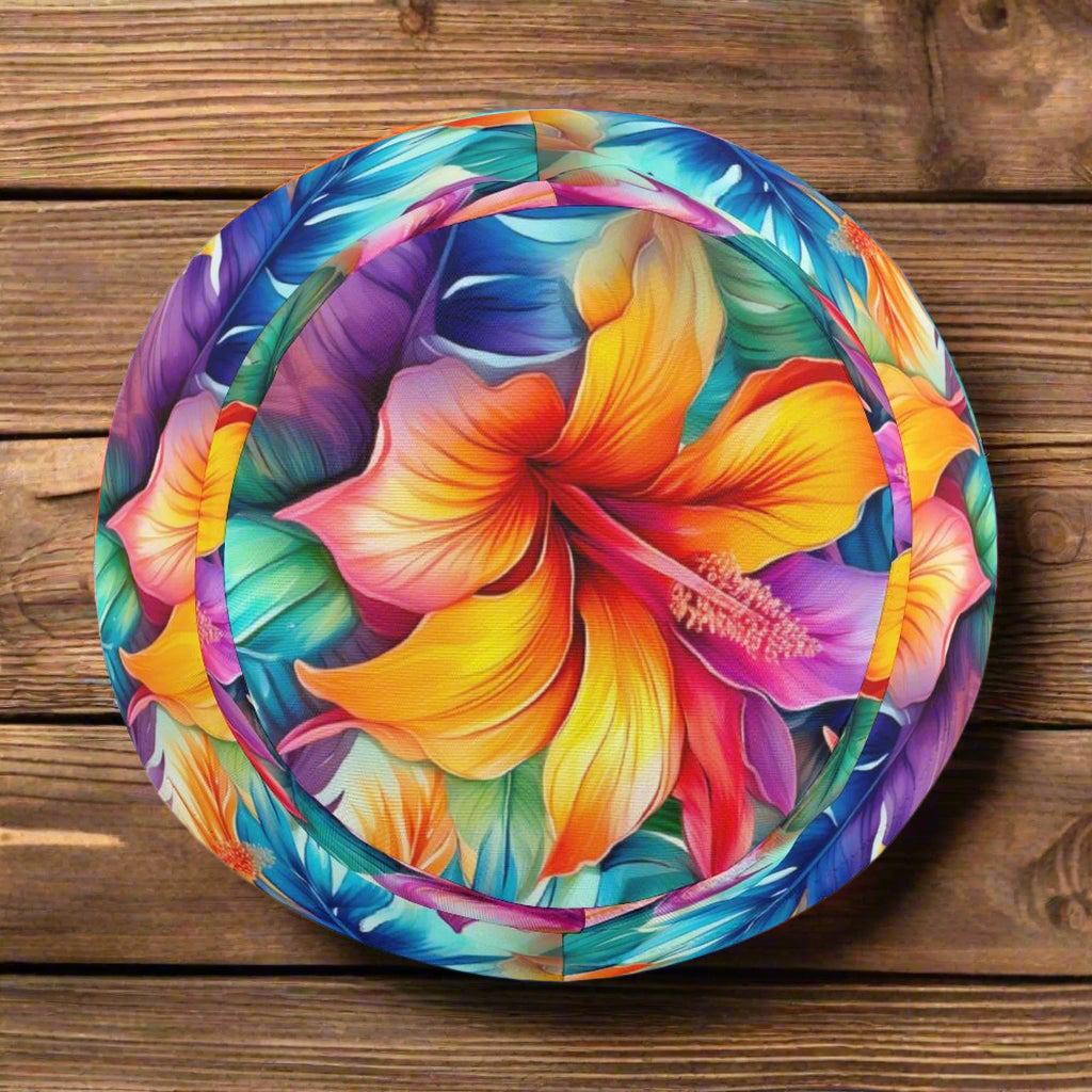 Colorful floral design on a kids bucket hat on a rustic nautical wood background