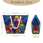 Colorful parrot-themed bag with dimensions displayed