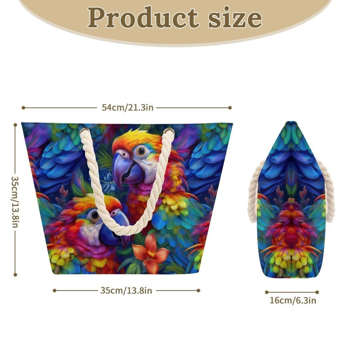 Colorful parrot-themed bag with dimensions displayed