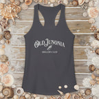 Dark gray tank top with 'Old Junonia' text on a wooden surface