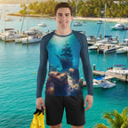 Dude wearing a Long-sleeve rash guard with a ship and treasure chest design on an island in the Caribbean Sea
