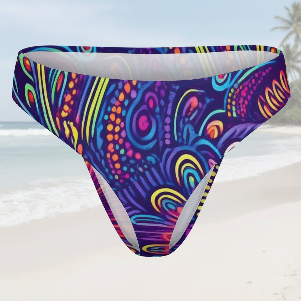 Colorful patterned swim briefs on a faded beach background