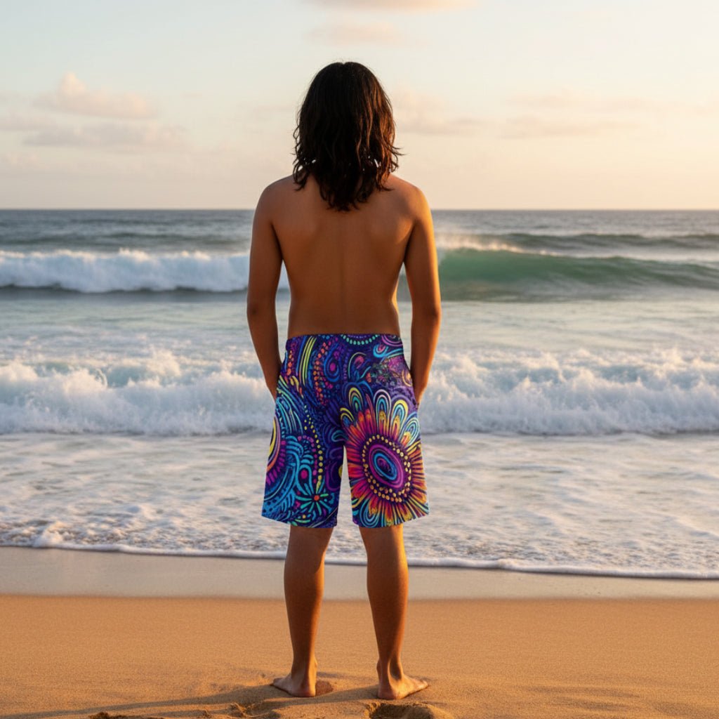 Colorful patterned shorts worn by a person on a white background