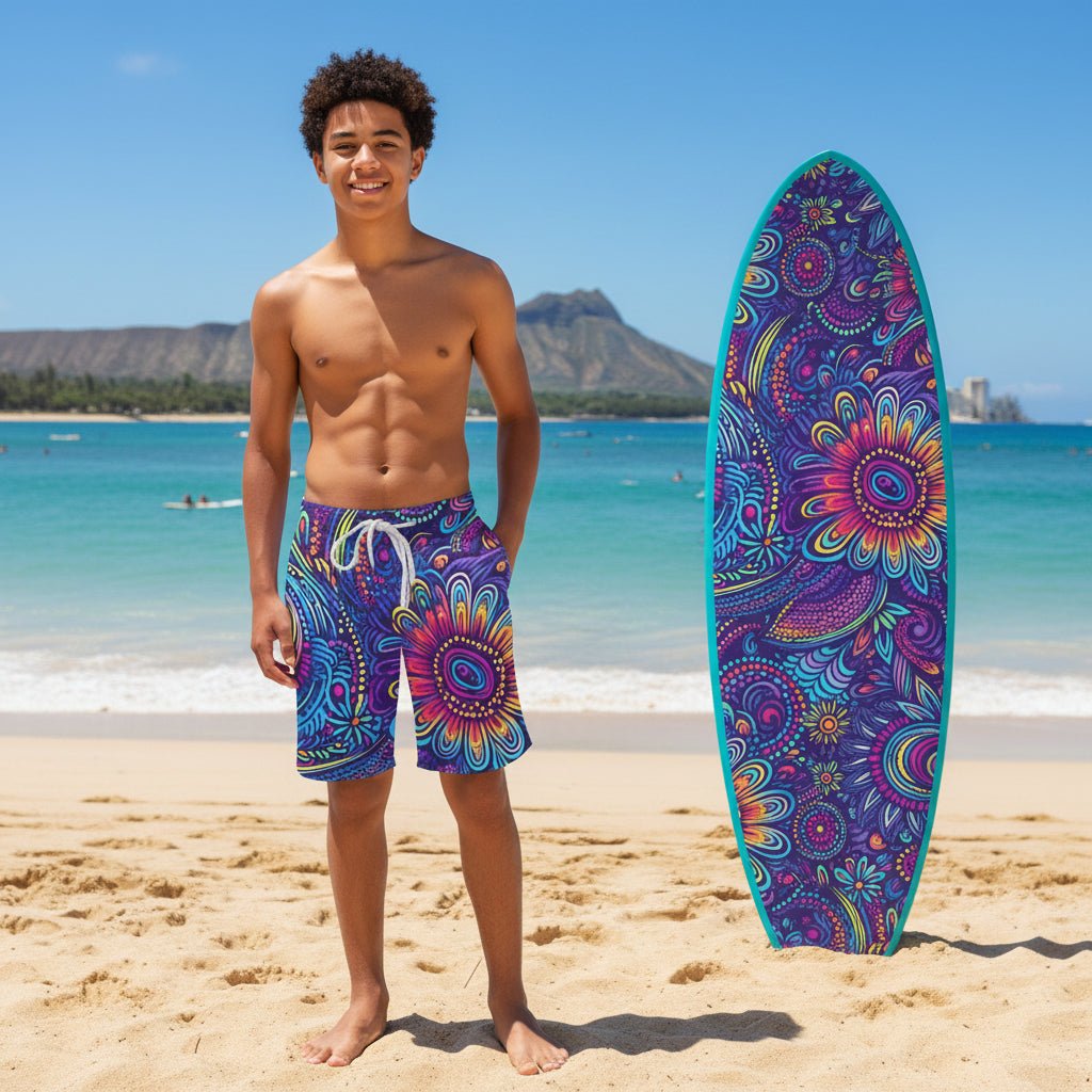 teenage pacific islander boy standing next to a surfboard stuck in the sand of Waikiki Beach