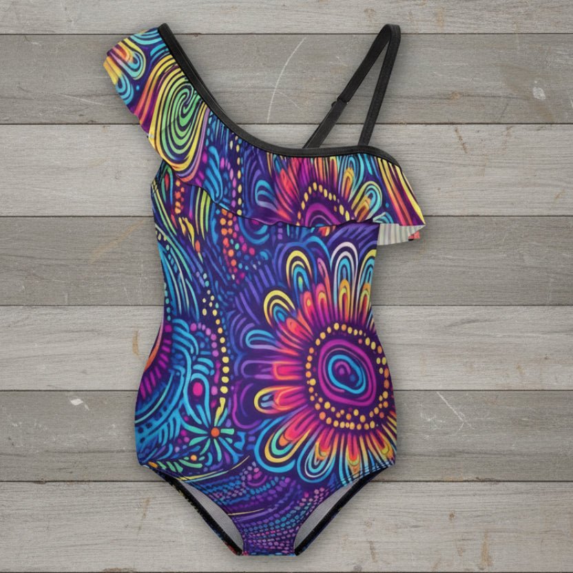 Colorful one-piece swimsuit with a vibrant pattern on a rustic wood background