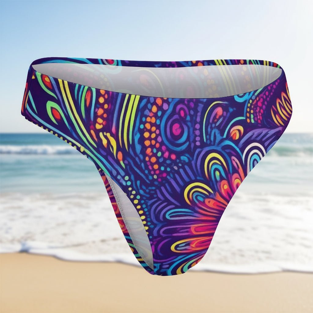 Colorful patterned swim briefs on a faded beach background
