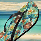 Flip-flop with tropical pattern on a beach background