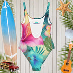 Back side of Tropical floral print one-piece swimsuit